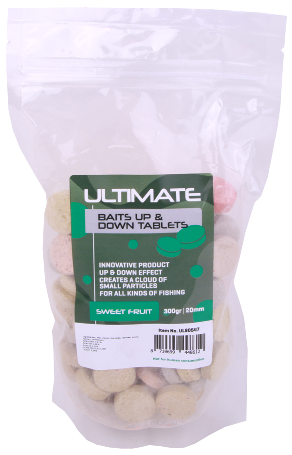Ultimate Baits Up & Down Tablets 20mm, geven onder water geur-, kleur- én smaakstoffen af - Sweet Fruit 20mm
