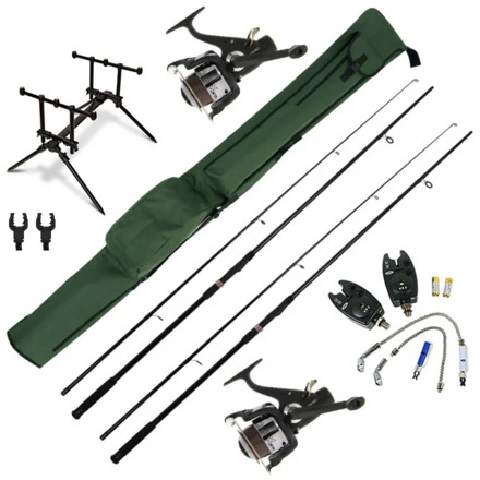 NGT Quickfish Carp Set met hengels, molens, beetmelders, rod pod én foudraal!