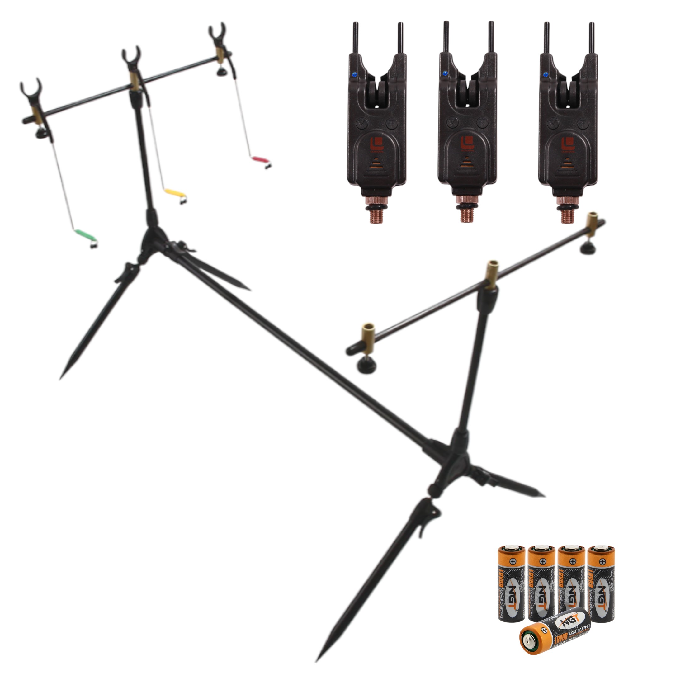 NGT Rod pod compleet met beetmelders, batterijen, swingers en rod rests - 3 Rod