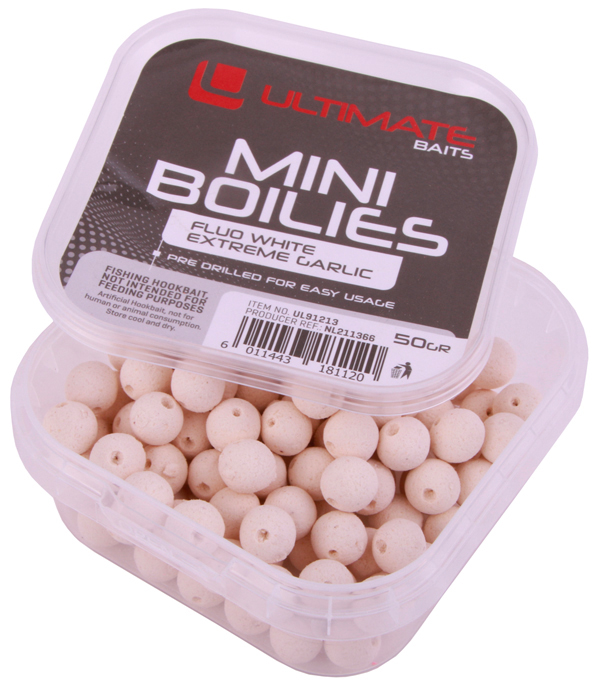 Ultimate Coarse Box, boordevol materiaal voor de witvisser! - Ultimate Baits voorgeboorde mini boilies, Fluo White Extreme Garlic