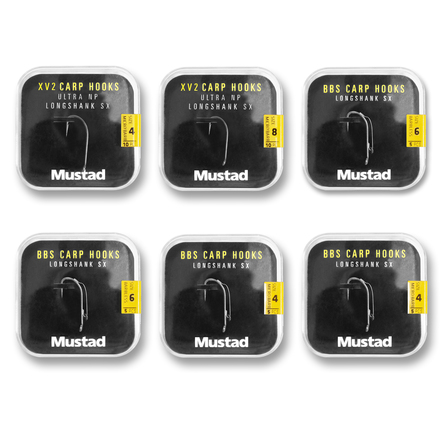 Mustad Long Shank 40 Carp Hooks Pack Karperhaken (6 packages + Multi Box)